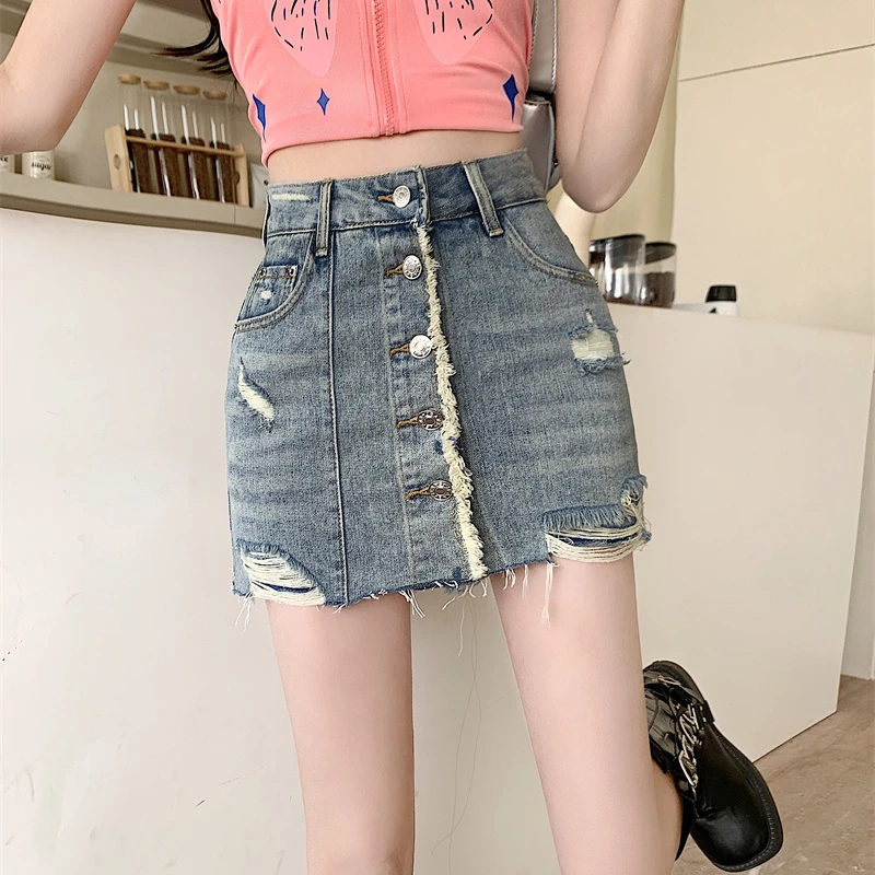 Ladies Fashion Fur-lined Multiple Buckles Ripped Denim Mini y2k skirt Women Clothes Girls Casual Jeans Skirts Female Culotte 055