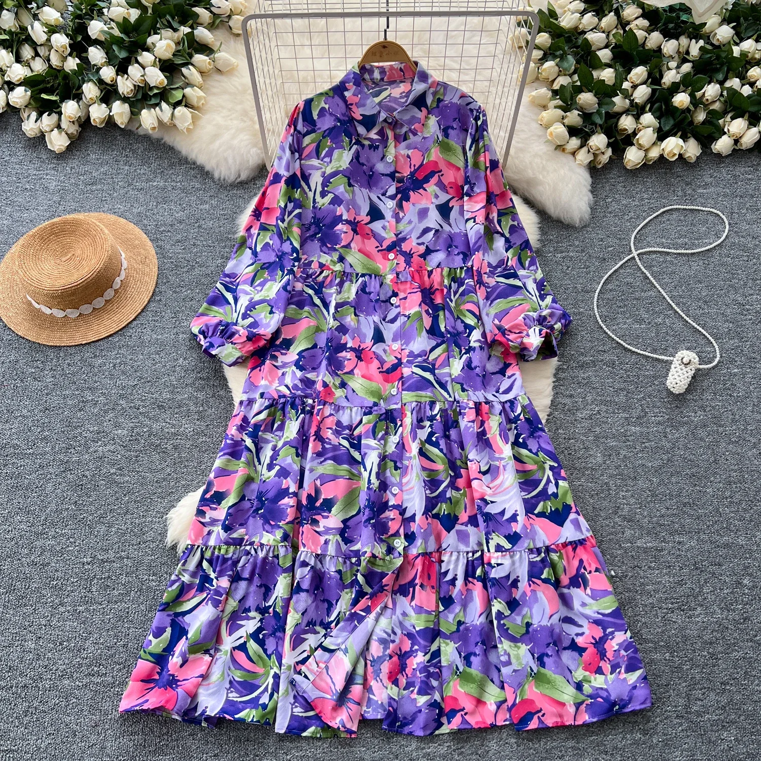 فستان نسائي كلاسيكي بأكمام طويلة بصدر واحد ، ياقة أنيقة مطوية لأسفل ، أنيقة ، ملابس مسائية ، شارع عالي ، خريف ، شتاء