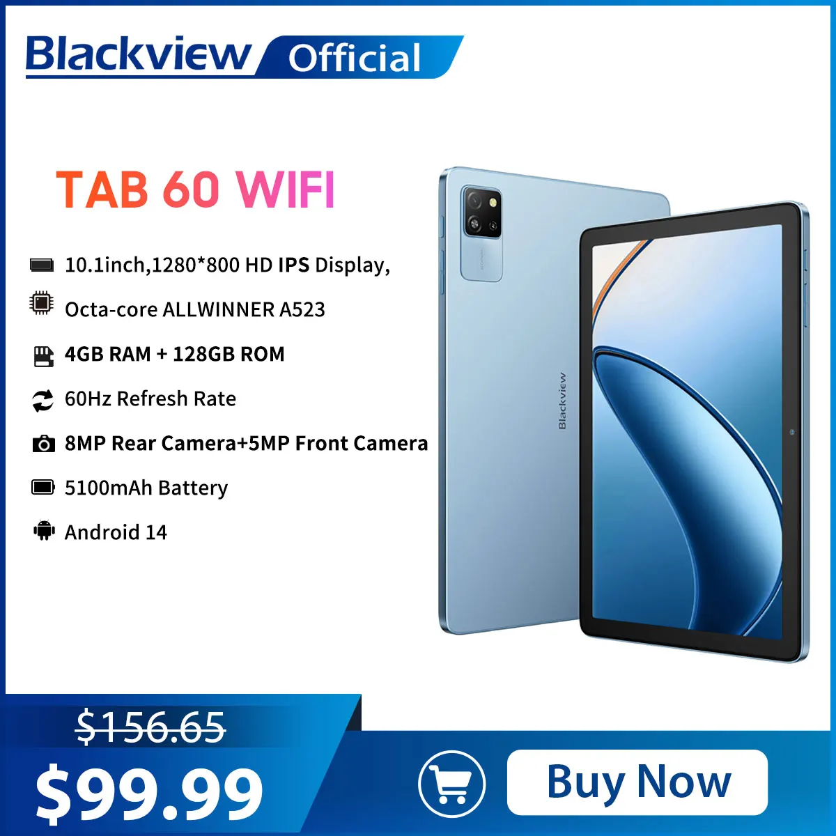 Blackview TAB 60 WIFI 10.1 Inch  800*1200 HD IPS Tablet ,4GB+128GB Android 14 with CPU ALLWINNER A523,5100mAh Battery,PC Mode2.0