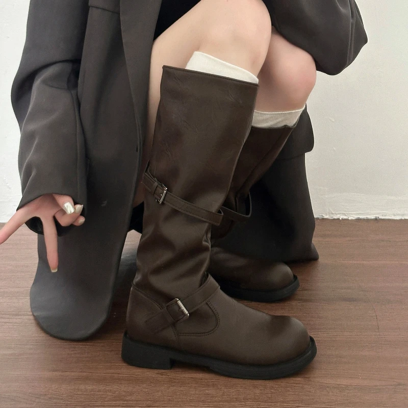 Vintage Buckle Strap Women Knee High Boots Concise Thick Heel Slip On Shoes Autumn Winter Ladies Knight Western Cowboy Booties