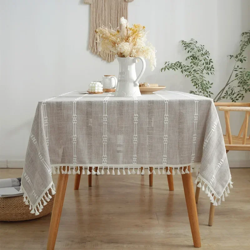 

INS Nordic Polyester jacquard tassel tablecloth Striped lace rectangular braid hollowed-out coffee table clothskyblue