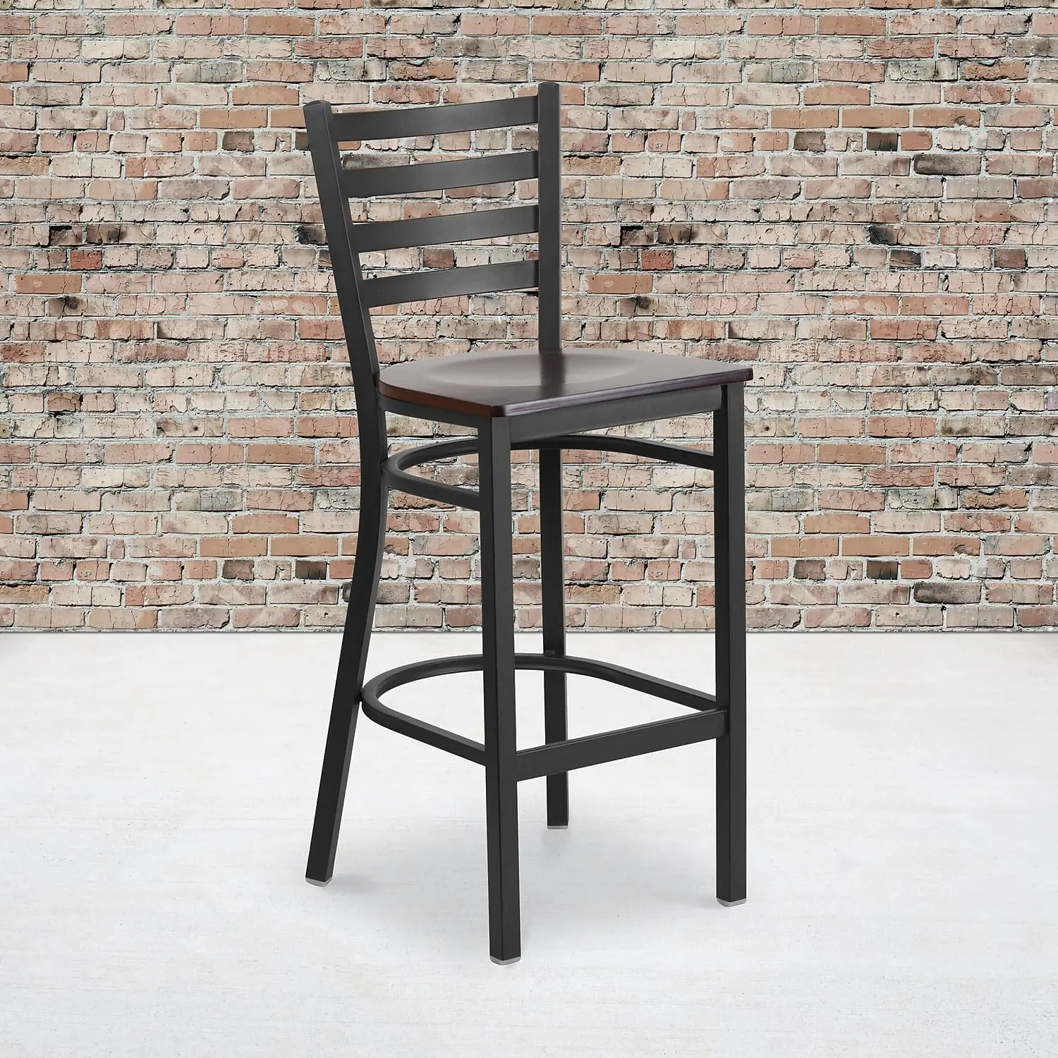 2 Pack Hercules Series Black Ladder Back Metal Restaurant Barstool - Walnut Wood Seat