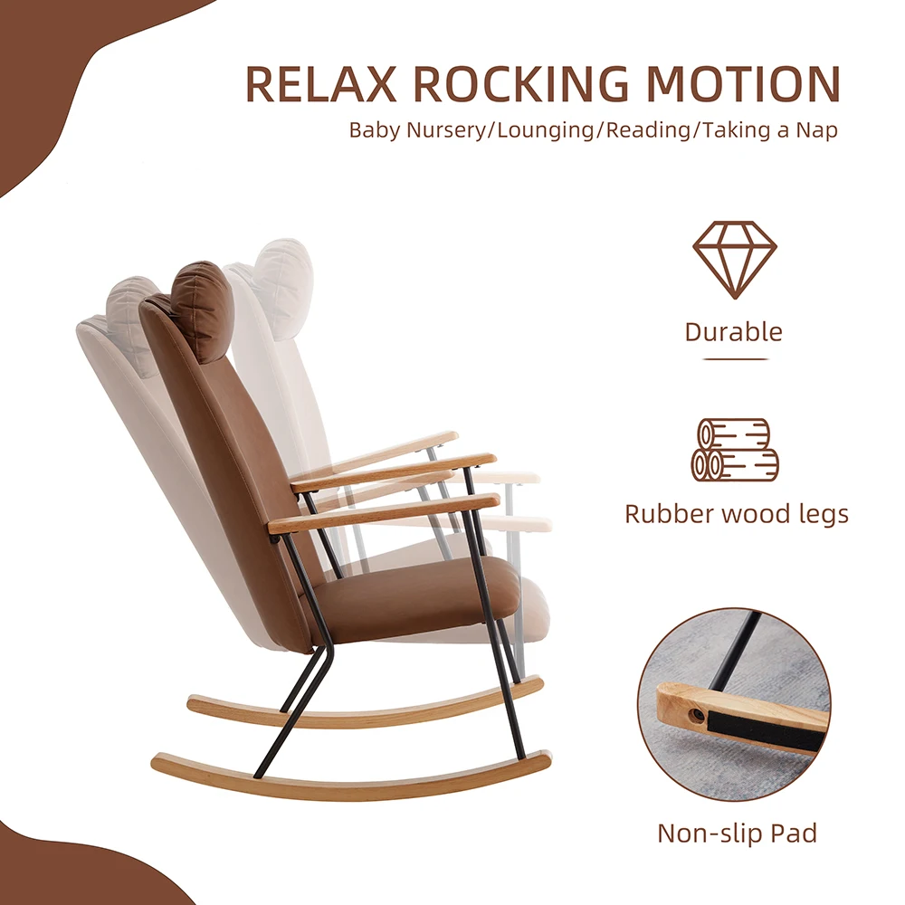 Adjustable Headrest Pillow Rocking Chair,Technical Leather Upholstered Glider Rocker with High Backrest,Modern Rocking Accent