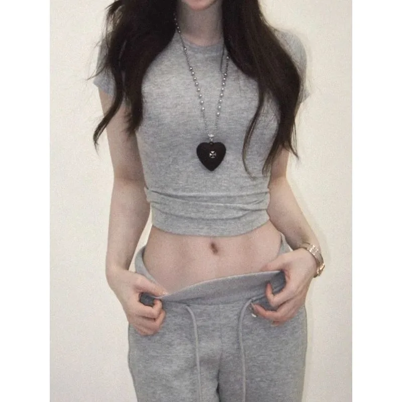 Complete Set of Fashionable Gray Slim-fitting Short-sleeved T-shirts Womens Spring Summer Drawstring High-waisted Wide-leg Pants
