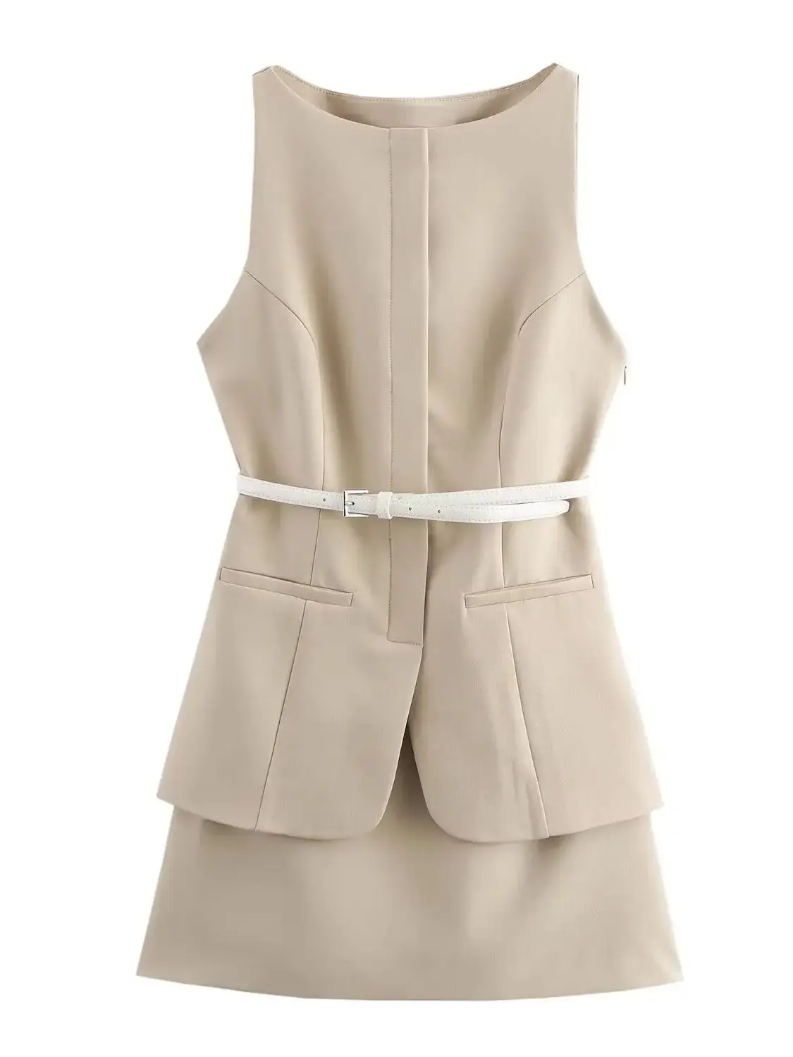 Vestido feminino bege sem mangas PB&ZA 2025 com cintura – definindo cinto branco e bolsos práticos para passeios elegantes