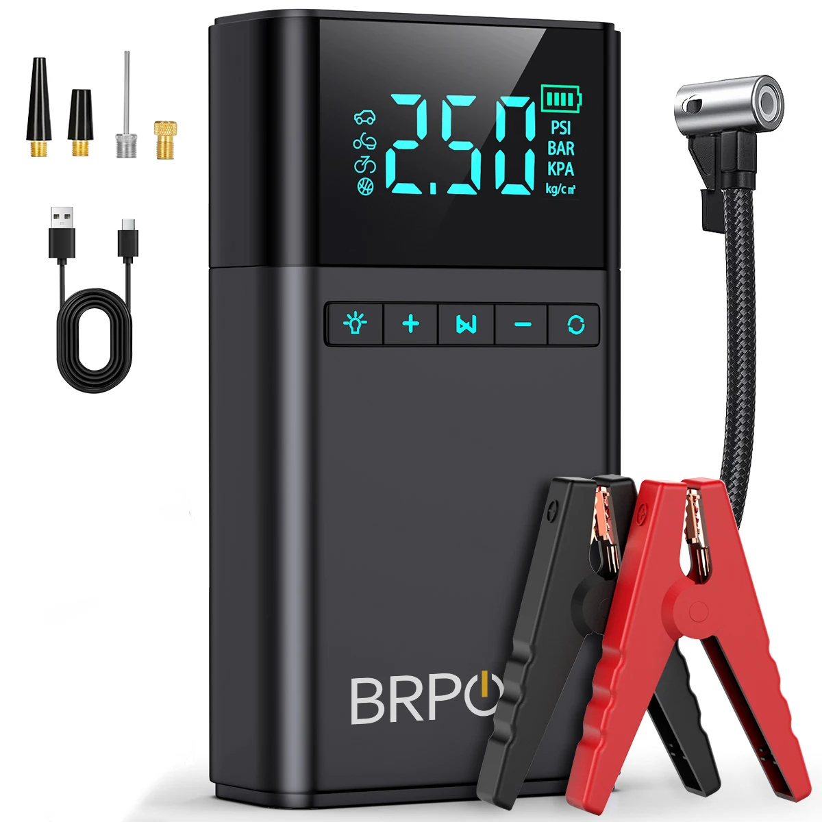 Démarreur de batterie avec compresseur 150 PSI, booster de démarrage de voiture avec grand écran LCD, démarreur de batterie 1500 A de puissance de pointe pour tous les véhicules essence et diesel 8.0L, lumière LED, boîtier de démarrage LCD avec lumières LED, démarreur avec compresseur d'air