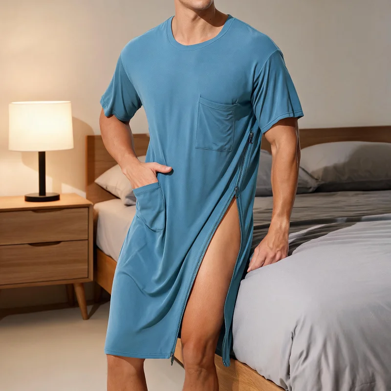 Men Side Slit Breathable Exercise T-shirts Invisible Zipper Couple Play Easy Nightgowns Loose Fit Sleepshirts Gay Sissy Dress