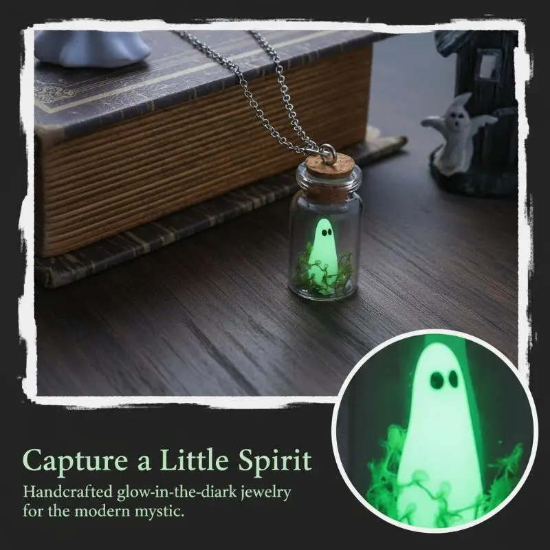 Leuchtende Geister-Halskette Halloween Winzige Leuchtende Treibflasche Geister-Ohrringe Kreatives Design Grüner Geister-Schmuck Geschenk – Detail 4