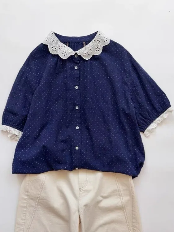 

Deep Blue Polka Dot Pure Cotton Casual Loose ort Sve irt Women's Summer Comfortable Versatile Lace Collar Loose Fit irt