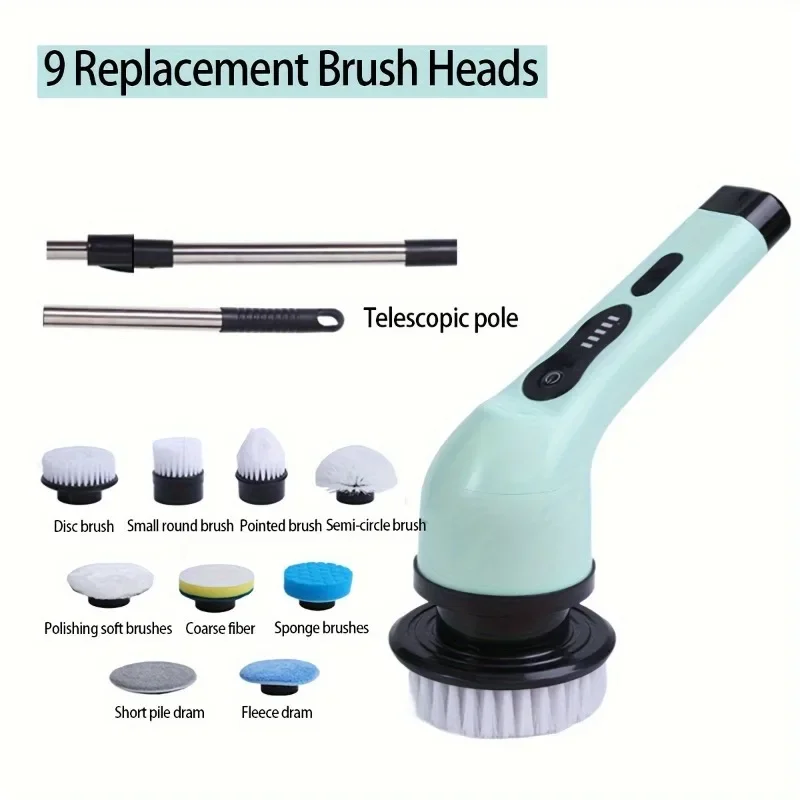 9 in 1 Electric Cleaning Brush, Rotary Brush, Retractable Long Handle, Cordless Handheld Floor Washer, 9 Brush Heads