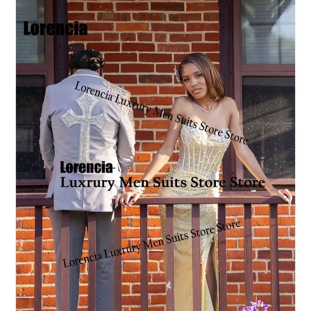Handsome Crystal Men suits For Prom Groom Customized Diamond Sequins Male Wedding Party Retro Blazer 2 Pieces Set Tuxedos Slim