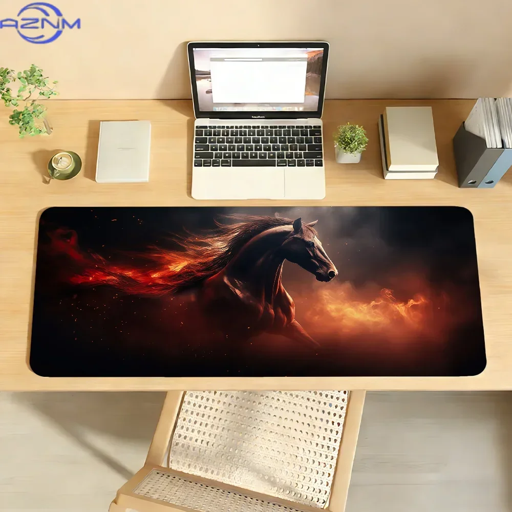 Fiery Running Horse Mousepad Rubber Non-Slip Large Desk Mat Dark Background Art Keyboard Pad for Gaming Office