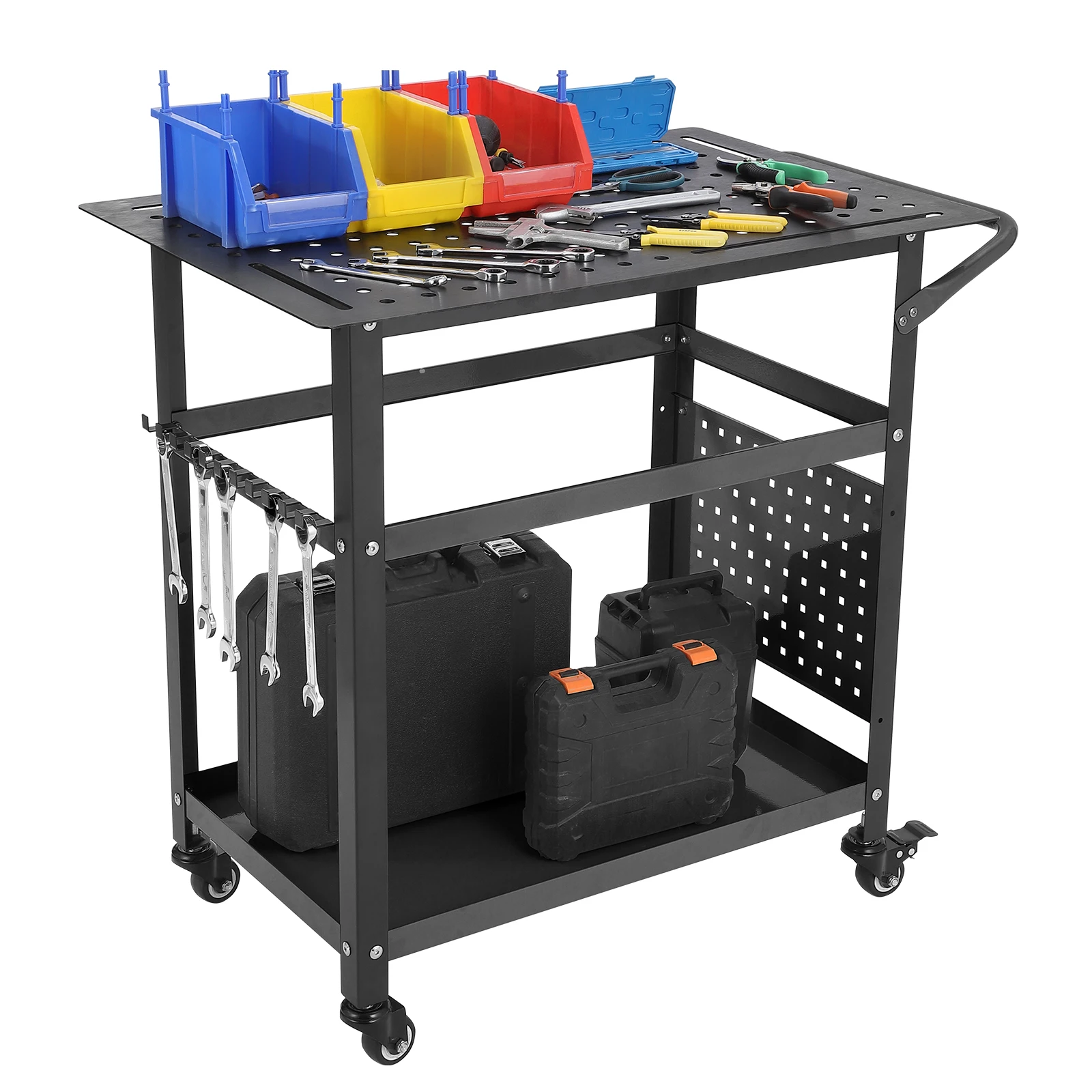 Mobile Steel Welding Workbench 1200 lb Heavy-Duty 36 x 24 in Steel Frame w/ Rubberwood Top Table 5/8 in Fixture Holes Pegboard Hooks 4 Tool Slots & Handle tool storage