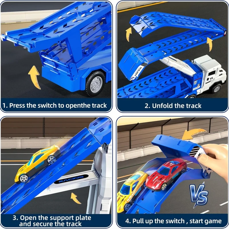 รถของเล่นแบบรางคู่พร้อมรถแข่งโลหะผสม 6 คัน ชุดรถบรรทุกขนส่งพร้อมฟังก์ชันปล่อยและเลื่อน เหมาะสำหรับเป็นของขวัญคริสต์มาสสำหรับเด็ก