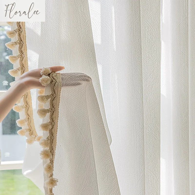 Relief Gauze Curtains for Living Room Bedroom Window Screen French Retro Thickened Cream Transparent Villa Curtain Luxury