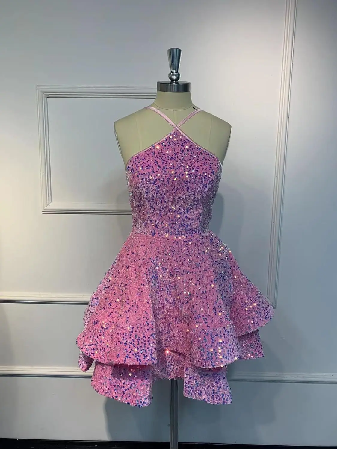 Vestidos de baile de lantejoulas em camadas, alça espaguete, curto, brilhante, vestido de baile para adolescentes, linha, vestido de coquetel, vestidos de coquetel