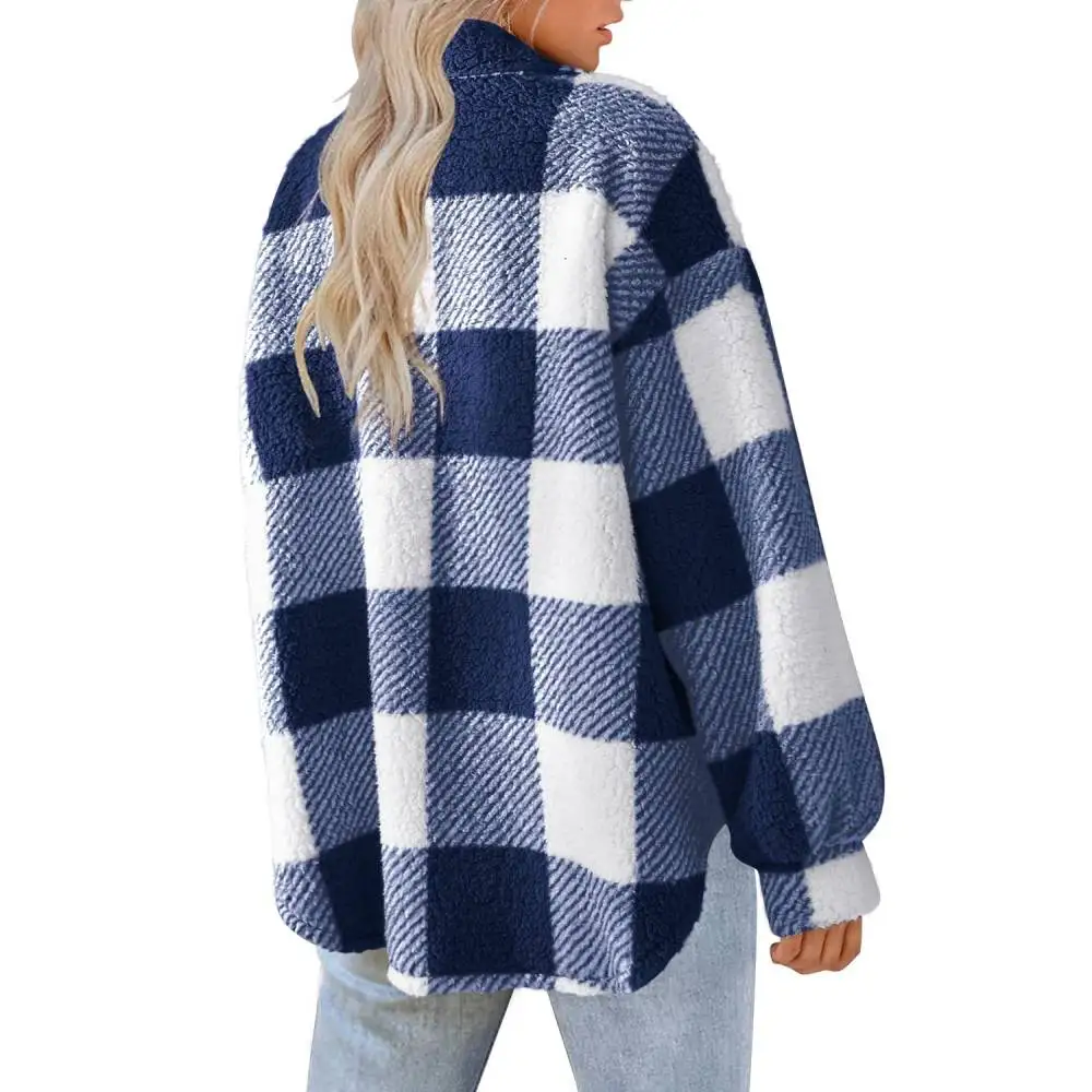 Autumn Winter Women Pocket Plaid Lamb Wool Jackets Girl Button Plush Coats Female Warm Coldproof Streetwear Faux Fur Outerwear