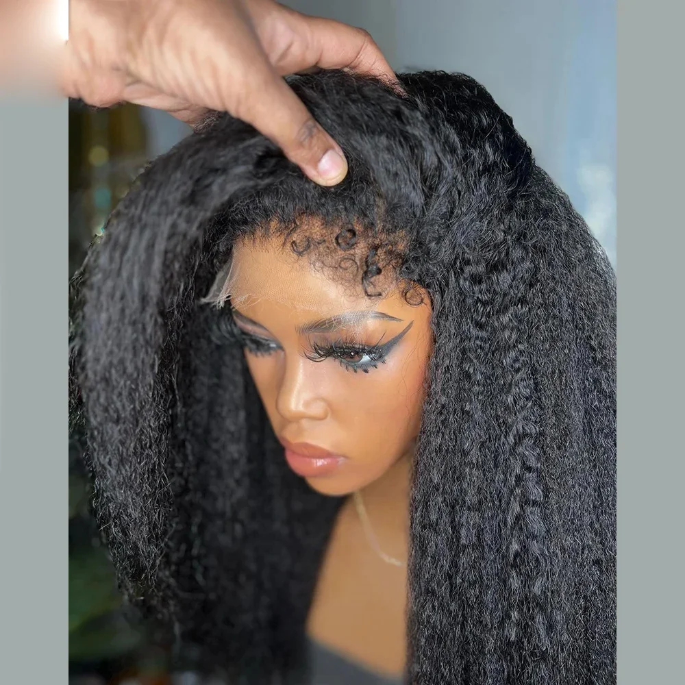 Natural Black Soft 28Inch Long Glueless yaki Straight Lace Front Wig For Women With Baby Hair Preplucked Daily