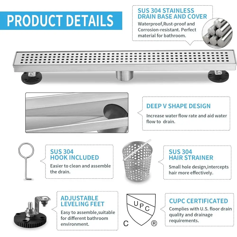 28 Rectangular Brushed Nickel Linear Shower Drain, 51L/min Drainage, CUPC Certified, SUS-304 Stainless Steel
