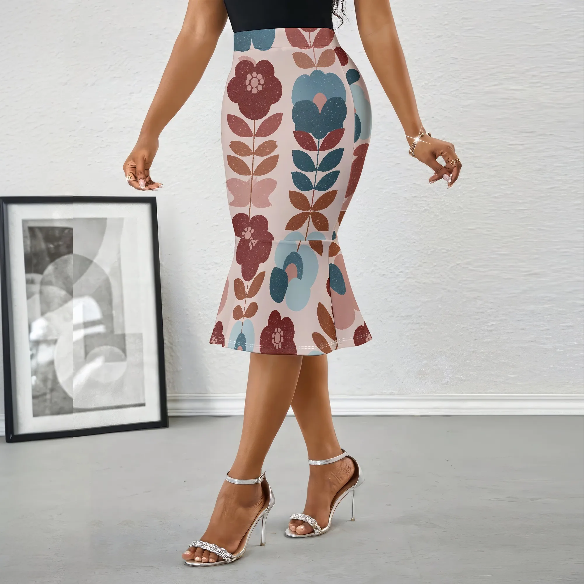 Retro Floral Print Midi Skirt, Vintage Pattern Pencil Skirt, High Waist Bodycon Skirt, Office Party Wear, S-2XL