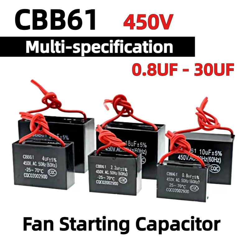 CBB61 Fan Starting Capacitor 450V Capacitors 0.8UF 1UF 1.2UF 1.5UF 2UF 2.5UF 3UF 4UF 5UF 6UF 7UF 8UF 10UF 18UF 20UF 25UF 30UF