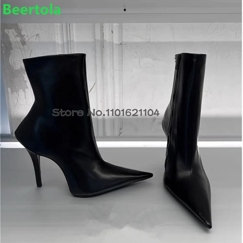 

Black Short Thin High Heel Boots For Female Women 2024 Winter New Pointed Toe Side Zipper Sexy Fashion Runway Solid Leather Shoe