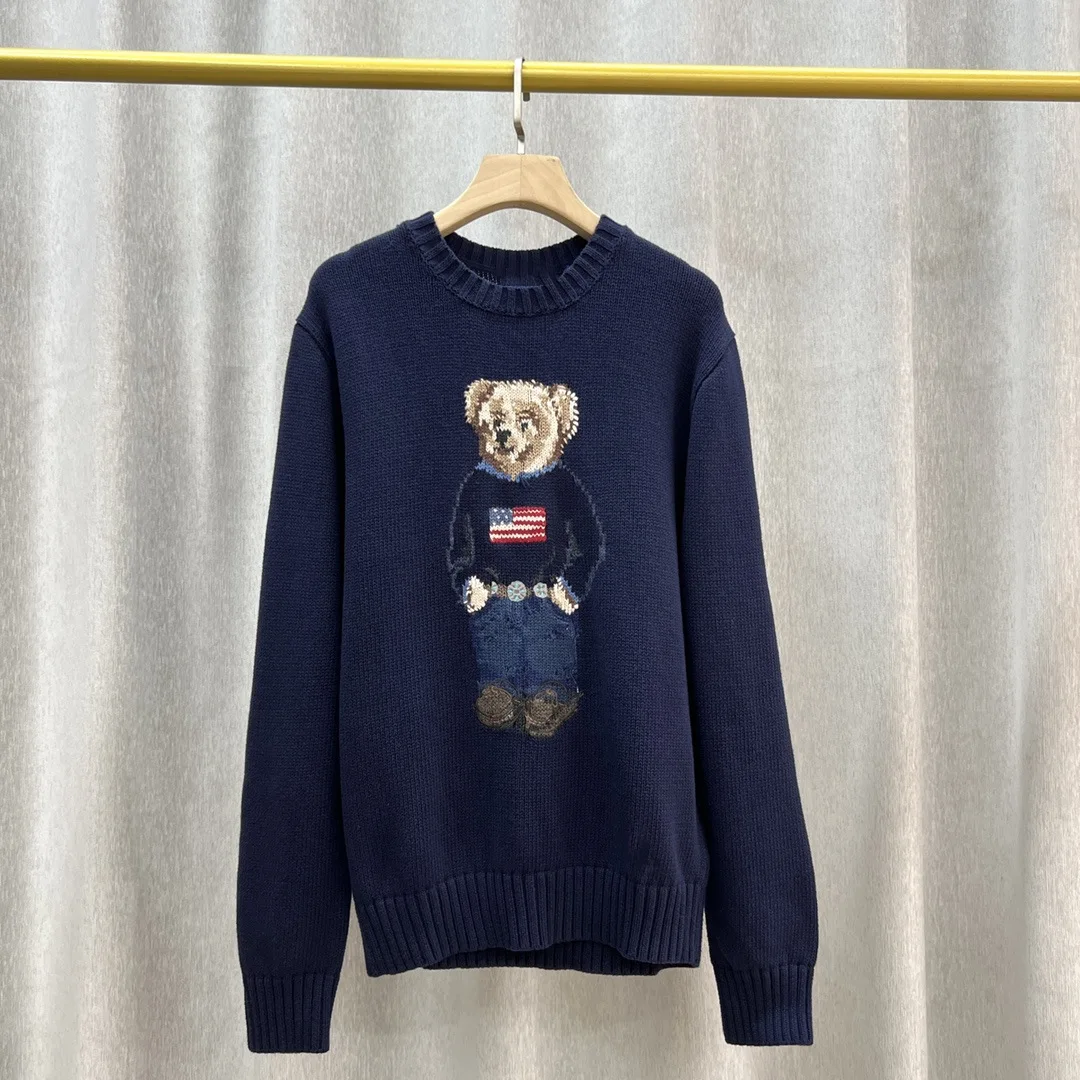 2025 New Women's Sweater, American flag embroidery Cartoon Bear Pattern, Versatile Wool and Cashmere Pullover