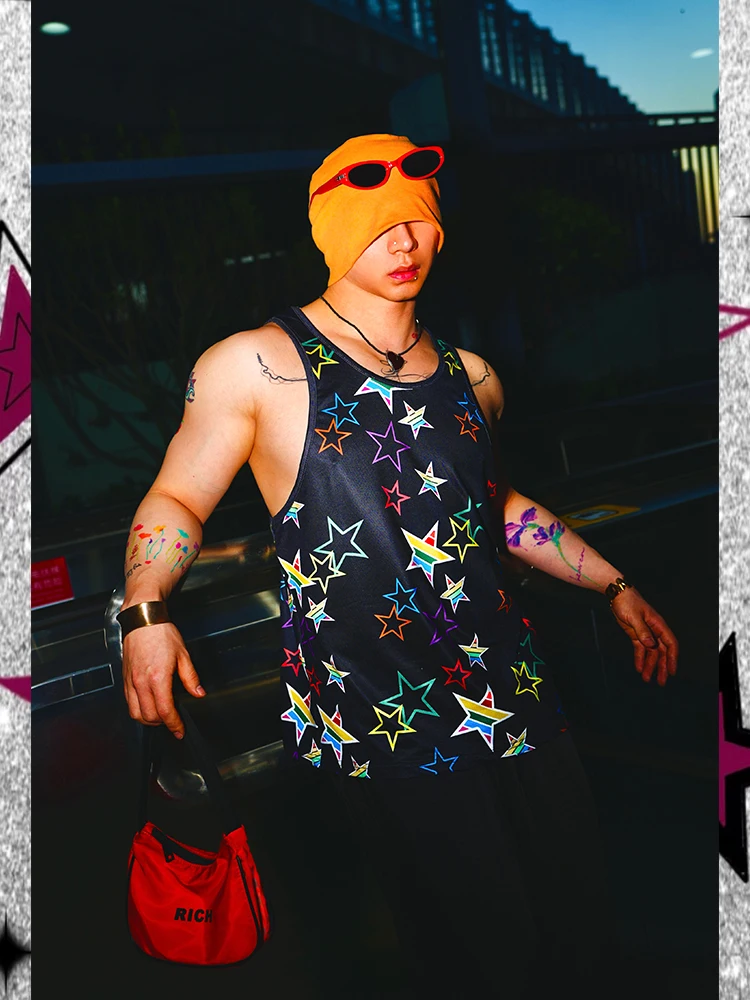 

Buddybody Hip Hop American Streetwear Loose round Neck Casual Star Print Sexy Sports Vest Moisture Wicking Lightweight Summer...