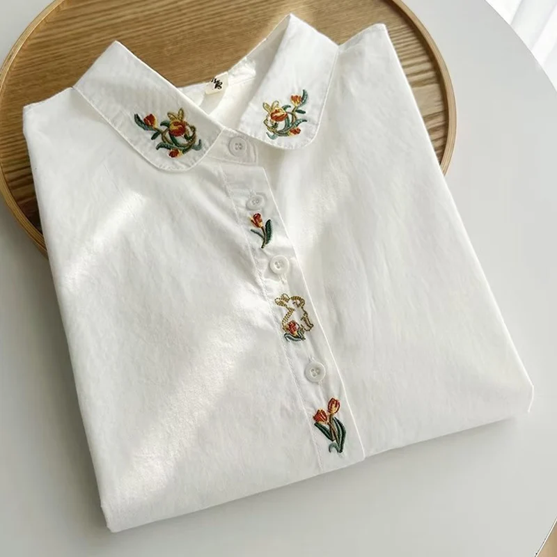 

Spring Autumn Casual Sweet Orchid Embroidery Cotton Cardigan Blusa Women Clothes White Color Long Sleeved Shirts & Blouses U350