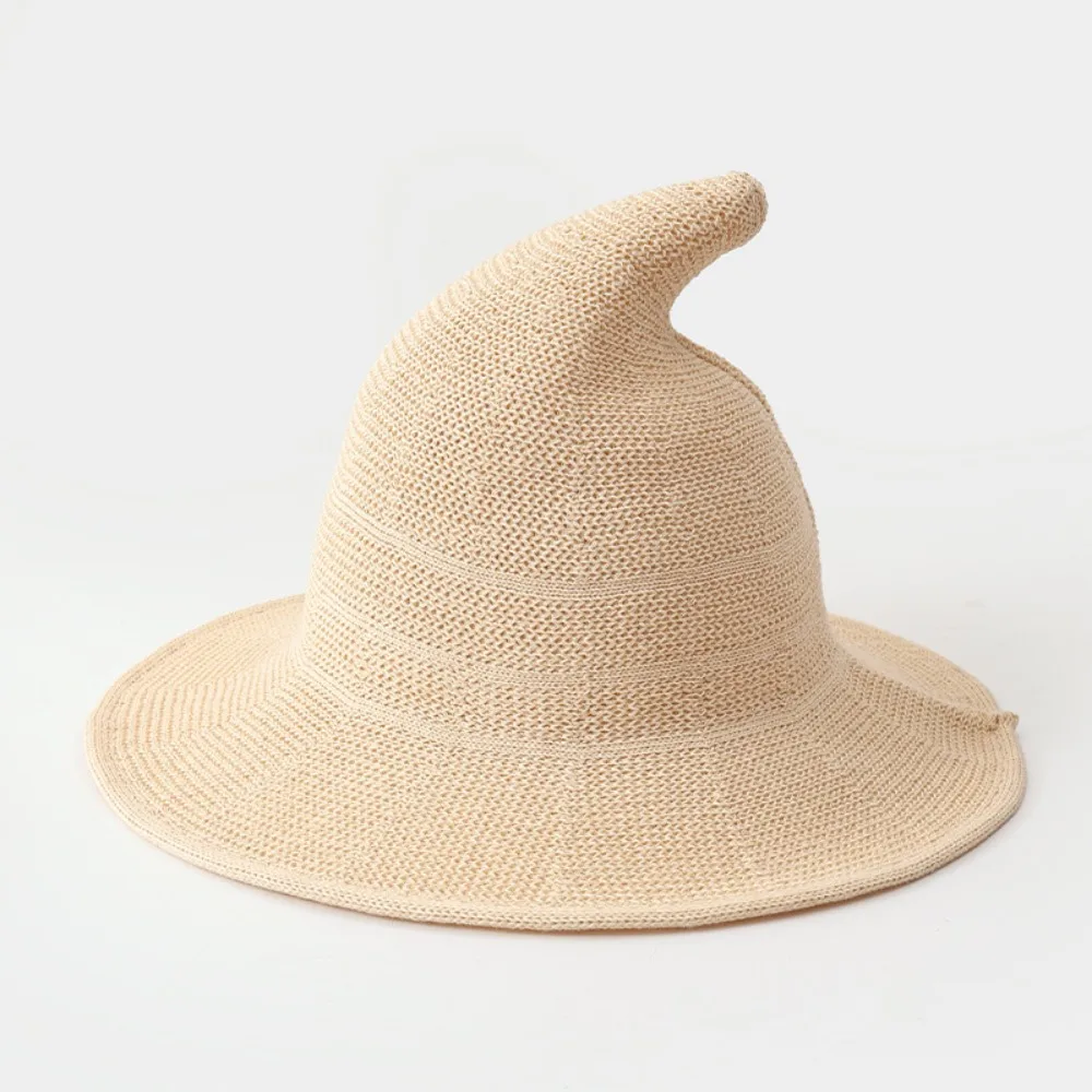 Soft Children's Witch Hat Yarn Cotton Solid Color Knitted Wizard Cap Breathable Foldable Wide Brim Spire