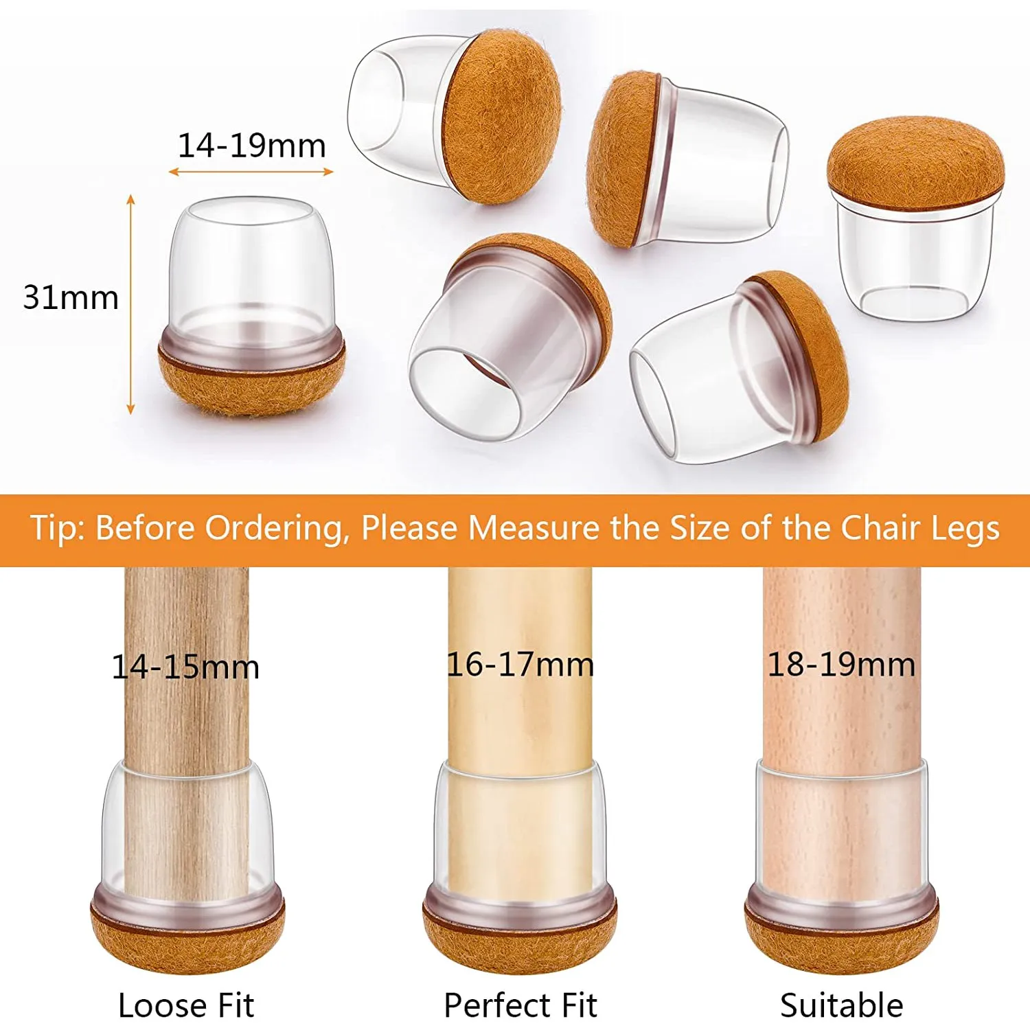 RABIT AS59~ Protective Caps For Chair Legs, Pack Of 16, Round Silicone Chair Leg Caps With Felt Pads, Tables And Chairs