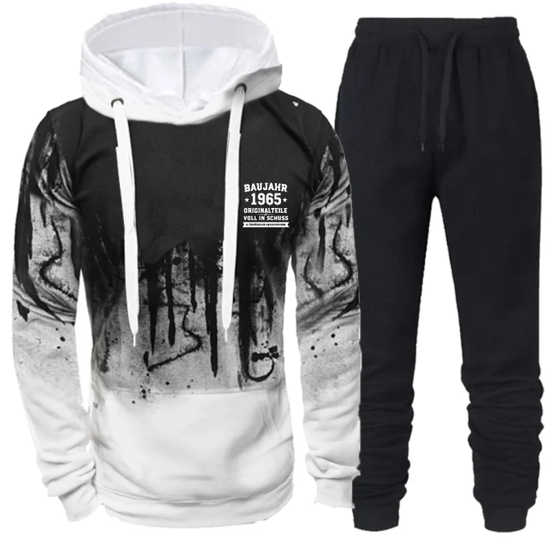 هوديي رجالي أسود رمادي مطبوع Cityscape Text 1965 مجموعة ملابس رياضية غير رسمية