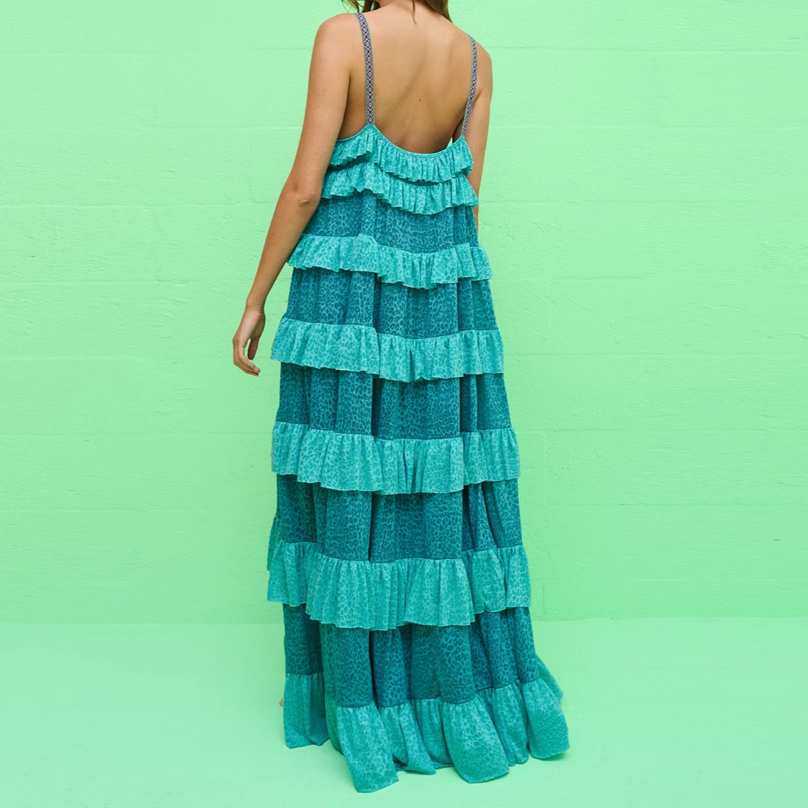 ผู้หญิง Contrast ชั้นยาว Cami ชุดลําลองหลวม Scoop คอสปาเก็ตตี้สายคล้องคอ Backless Tiered Ruffle Dress