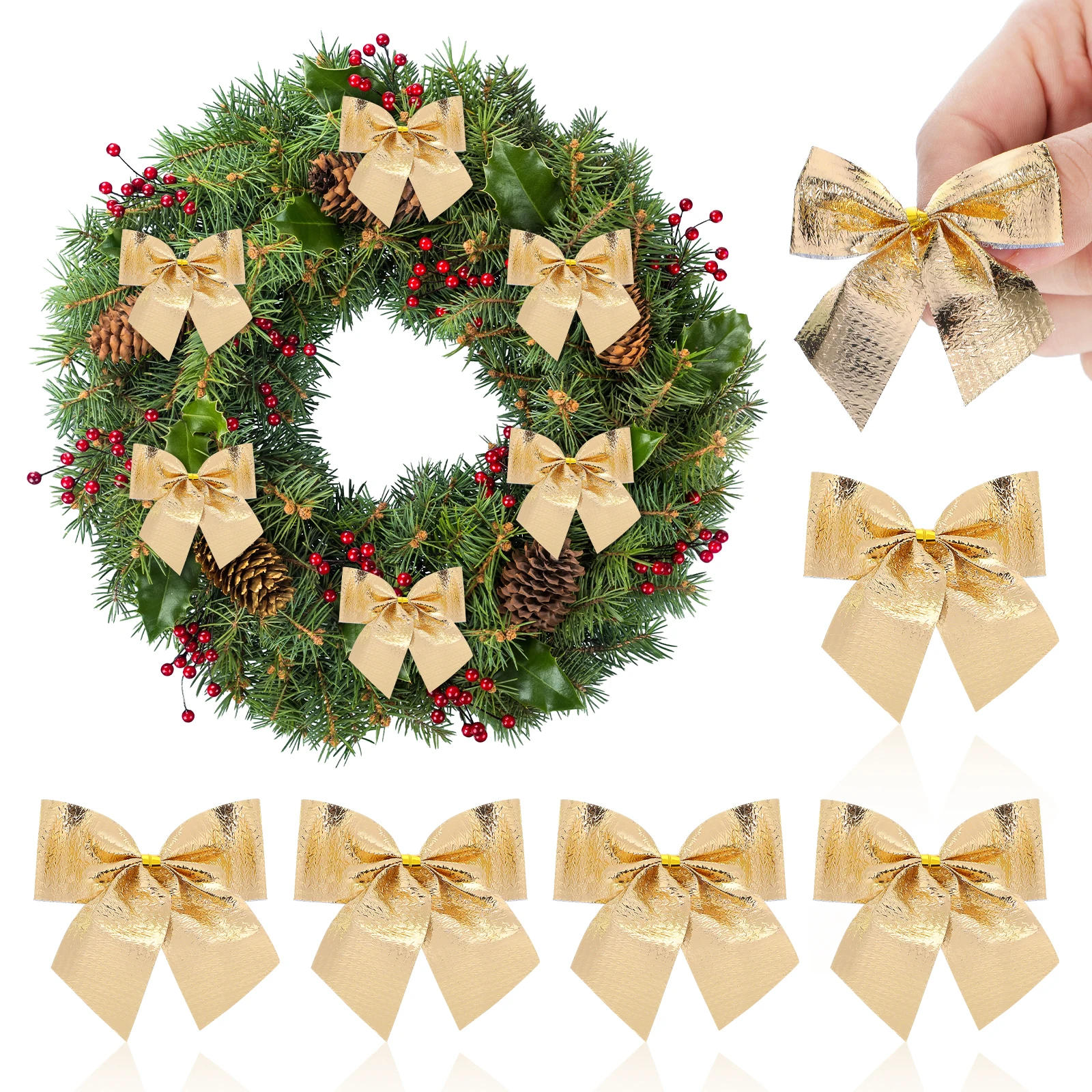 

12Pcs Christmas Tree Hanging Decorations Golden Satin Bowknot Ribbon Set Charming Bow Ribbon Xmas Holiday Decor