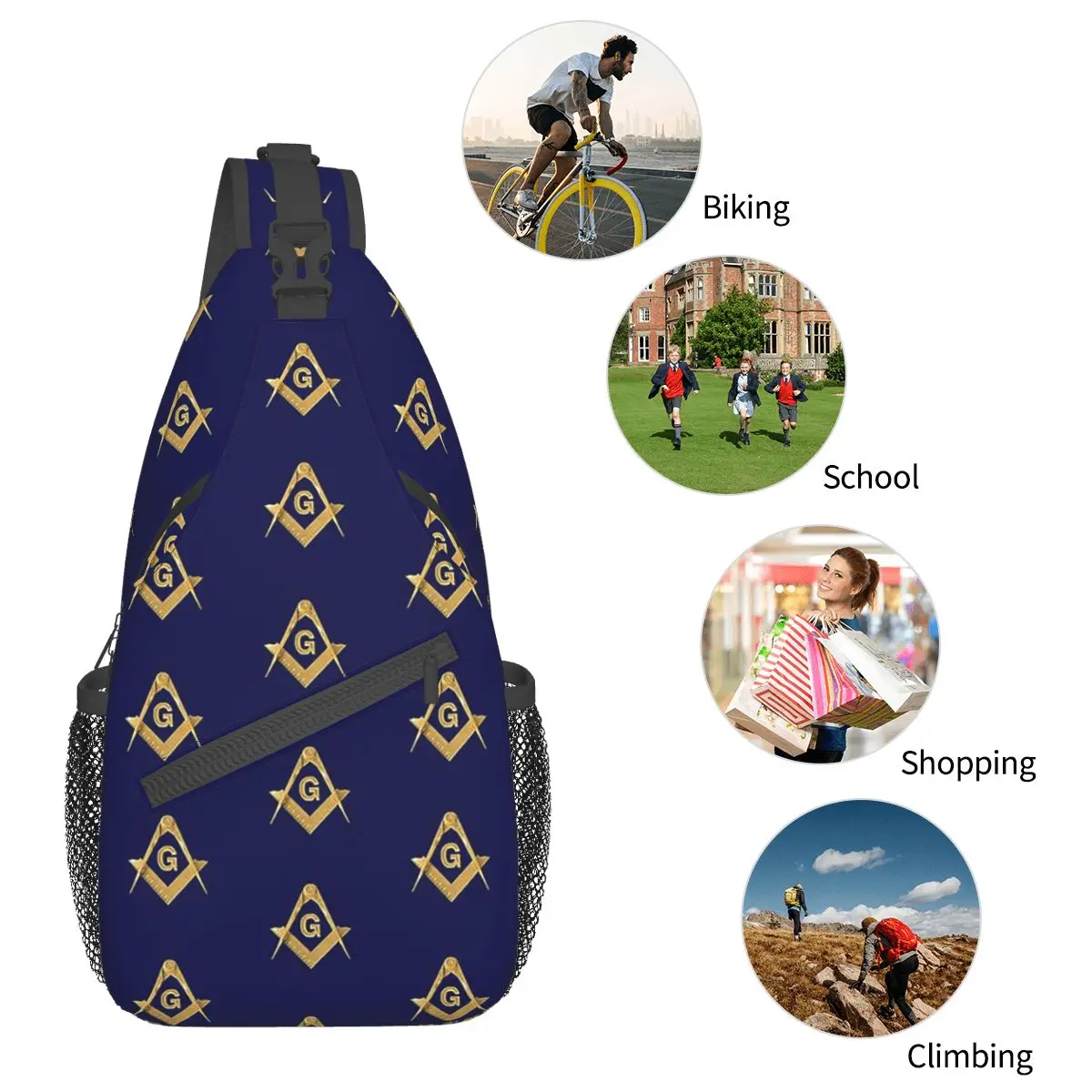 Freemason Gold Blue Square Crossbody Sling Bag Casual Peito Bag Mochila de Ombro Maçônico para Caminhadas Viagem Ciclismo