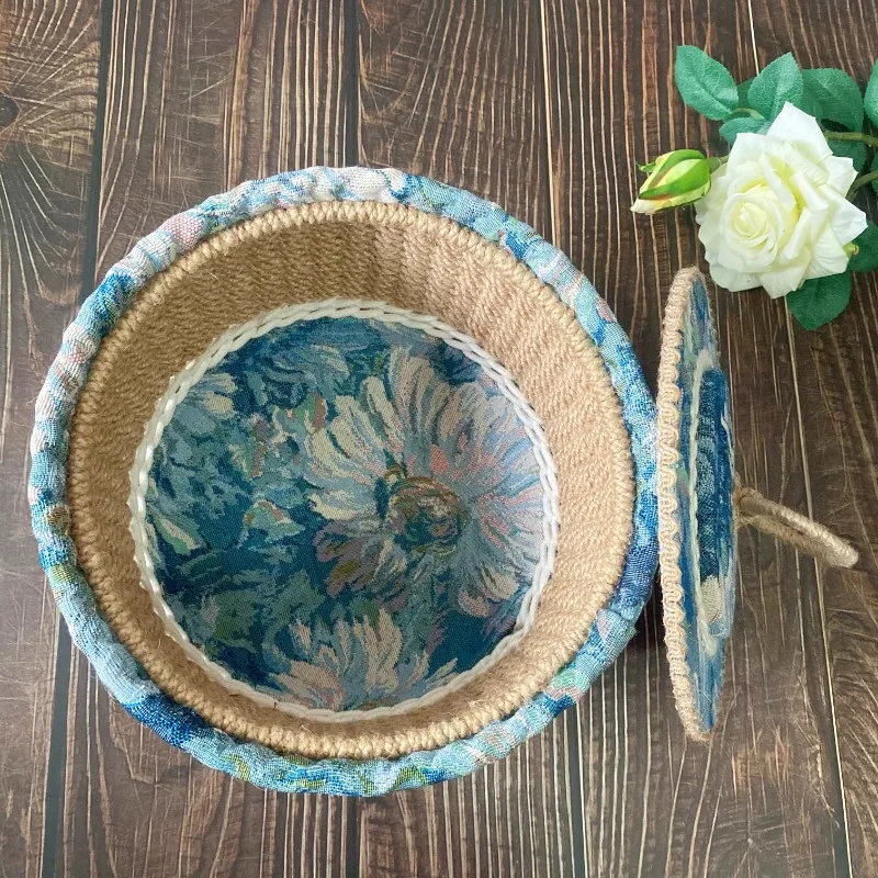 

Pure hand-woven storage basket candy snacks refreshments tea jar Monet oil painting jacquard fabric storage box retro