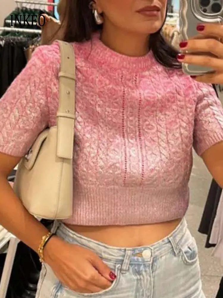 Design Metallic cropped sweater women\'s 2024 New collection Korean style Short sleeve O-neck knit tops Knitwear INKEO 3T218