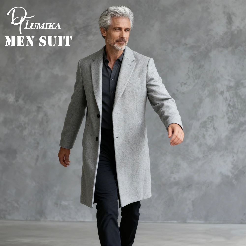 

DTLumika- Gray Long Suit Coat for Men, Single Breasted Long Suit Jacket Customized Size XXS-7XL Plus Big Man Suits