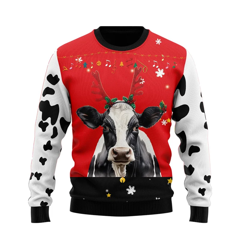 Cute Dairy Cow Graphic Sweatshirts Cartoon Animal Ugly Sweater Xmas Holiday Crew Neck Sweatshirt Kawaii Unisex Pullovers Men Top