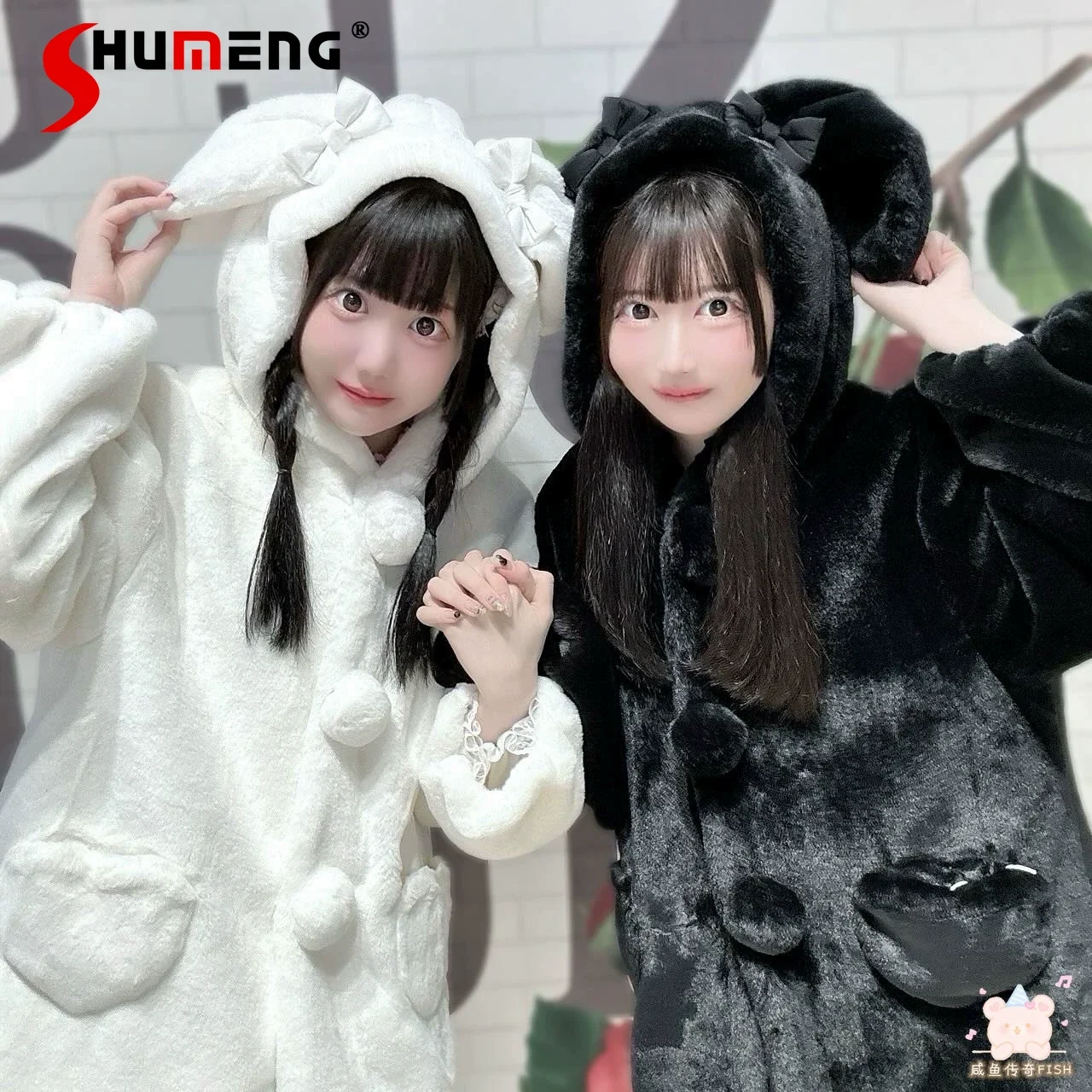 

Japanese Sc Mine Style Lolita Faux Fur Coat Mass-produced Rabbit Ears Bow Single-breasted Loose Thick Plush Jacket Women Winter