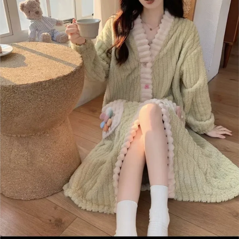 Flannel Rainbow Cardigan Sleeping Robe Set for Women 2024 Autumn/Winter Long Size Coral Velvet Warm Home Clothes