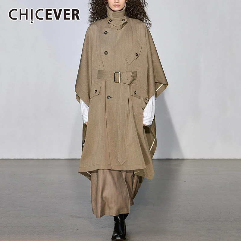 

CHICEVER Patchwork Belt Runway Trench For Women Lapel Batwing Sleeve Spliced Button Loose Solid Windbreaker Female Fashion Style