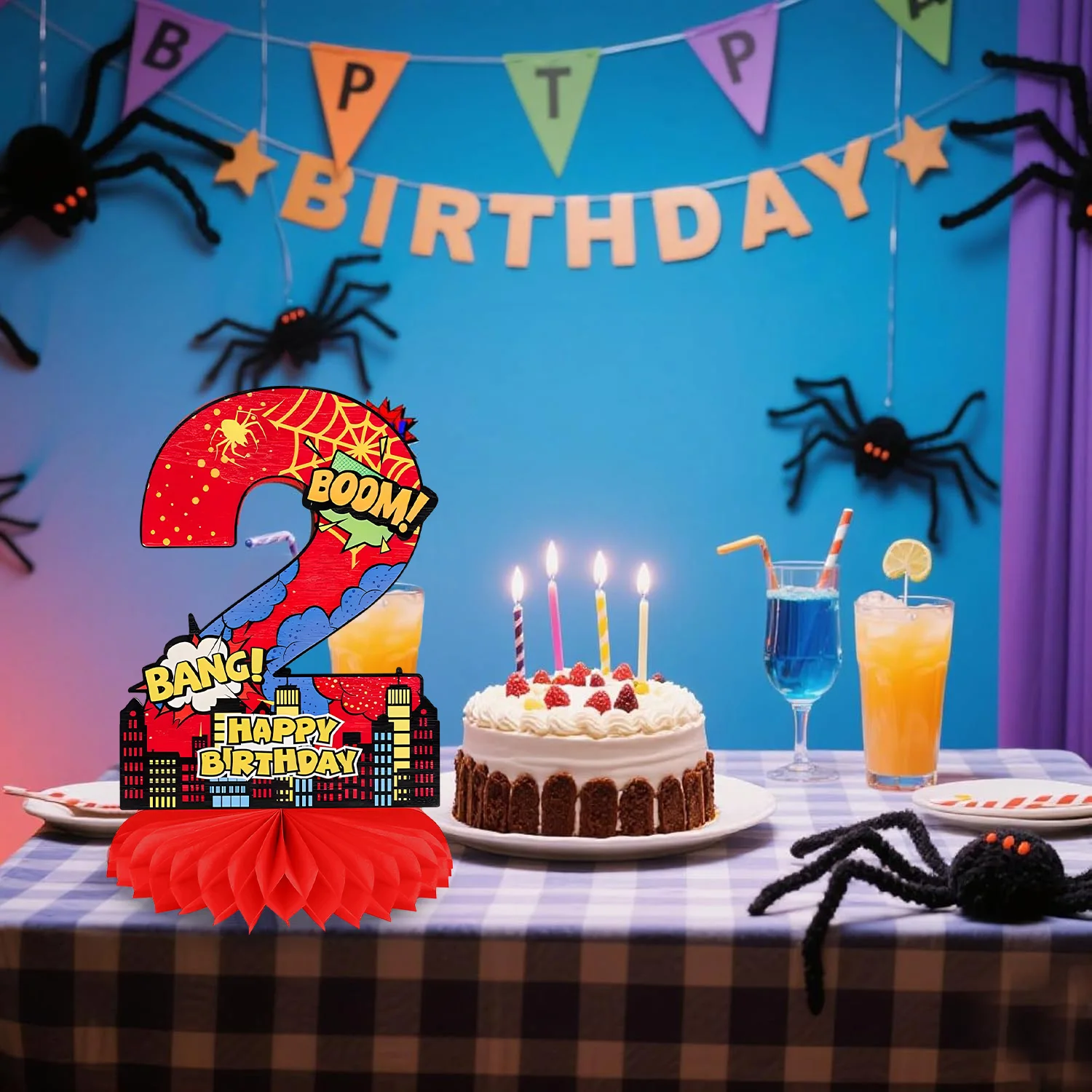 Hero City Cartoon-Thema Rotes Spinnennetz Boom Honeycomb Center Geburtstagsparty-Dekorationen Digitale Zelluläre Babyparty-Ornamente – Detail 5