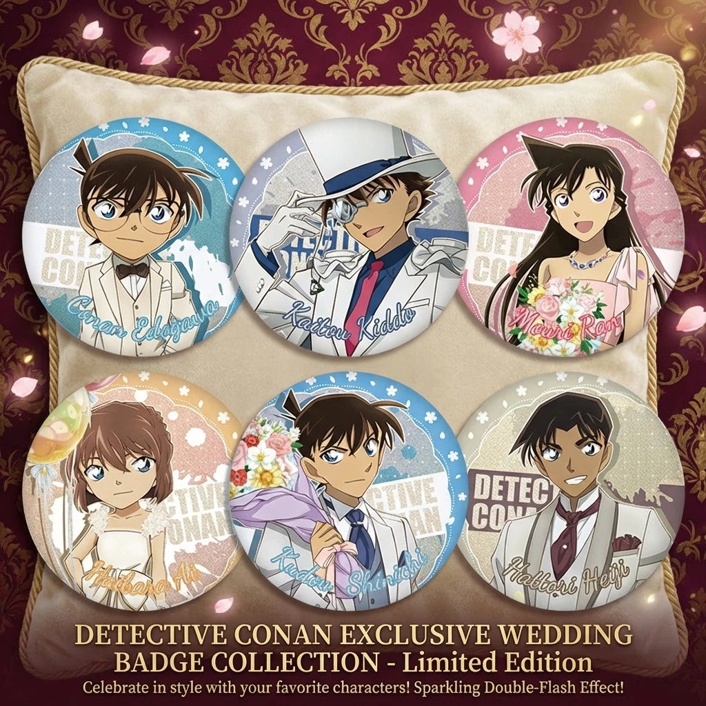

Detective Conan Double Flash Badges 1-63 All Characters New Design 75mm 58mm Tinplate Anime Badges Collection for Fans and