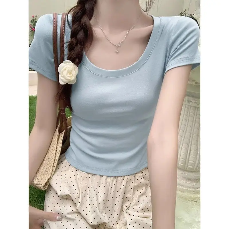 Hot Sweet Square Neck Solid Slim T Shirts Women T-shirt 2026 Summer Tight Tee Shirts High Strecth Short Sleeve Short Crop Top