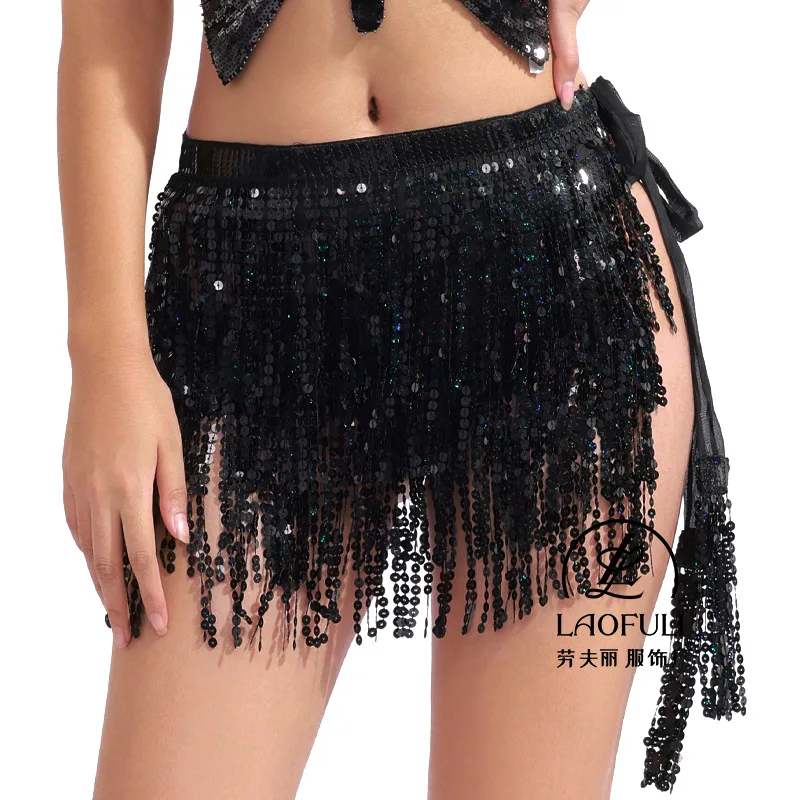 Belly Dance Sequin Tassel Hip Scarf, Bohemian Tie-Waist Sparkle Wrap Skirt for Indian Dance