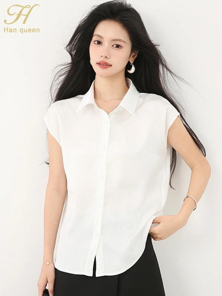 

H Han Queen 2025 Summer Chic Satin Back Hollow Out Shirts Women Blouse Vintage Work Casual Tops White Short Sleeve Blouse Loose