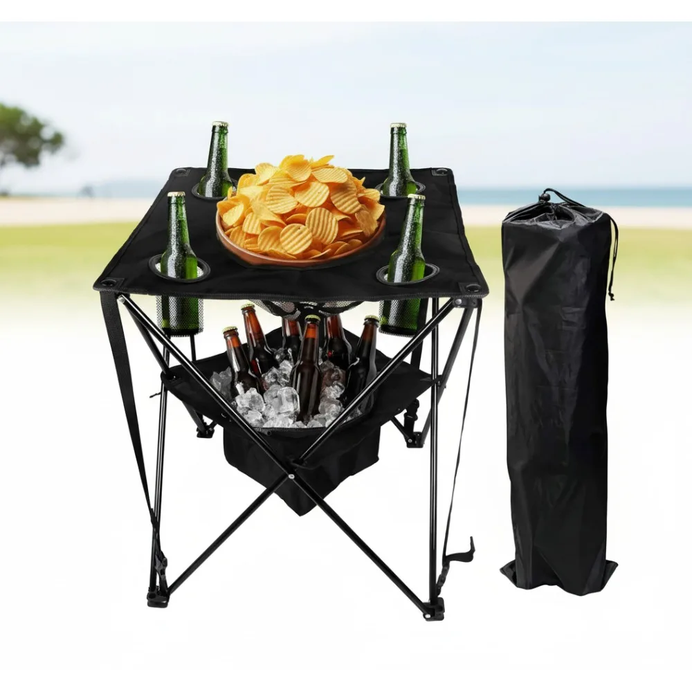 

Collapsible Folding Camping Table with Insulated Cooler, Cup Holders & Travel Bag for Outdoor Adventures