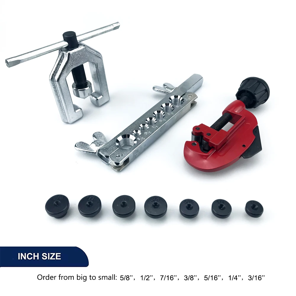 2025 9 Uds Kit de herramientas de abocardado de doble tubo, doblador de tubos, reparación de tuberías, mecánico, freno, fontanero, aluminio, cobre, latón, juego de herramientas de bengalas