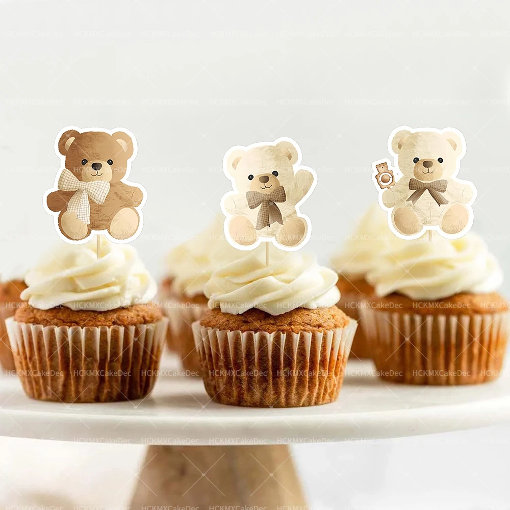24 Stück Teddybär Cupcake-Topper Niedliche Braune Babybär Kuchendekoration für Babyparty Geburtstagstorten-Deko – Detail 4